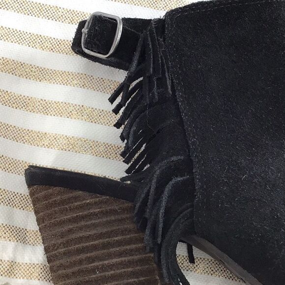 Lucky Brand LANTAU Black Fringe Suede Boho Chic Block Heel Ankle Bootie Sandals - Picture 10 of 15